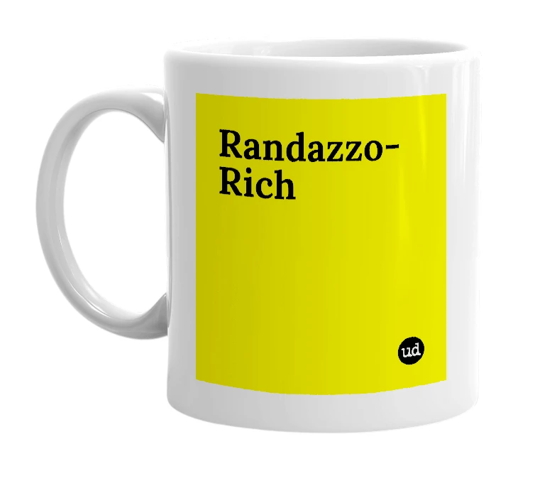 White mug with 'Randazzo-Rich' in bold black letters