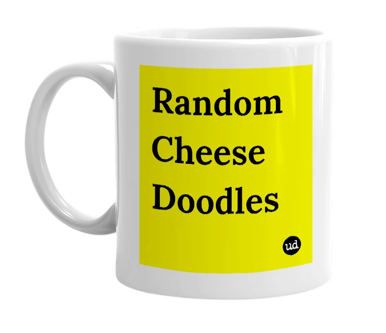 White mug with 'Random Cheese Doodles' in bold black letters