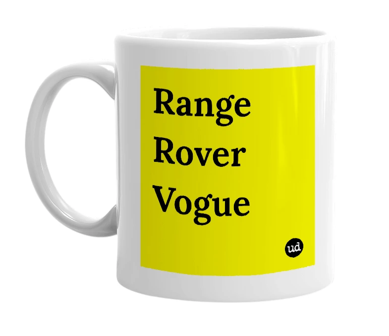 White mug with 'Range Rover Vogue' in bold black letters
