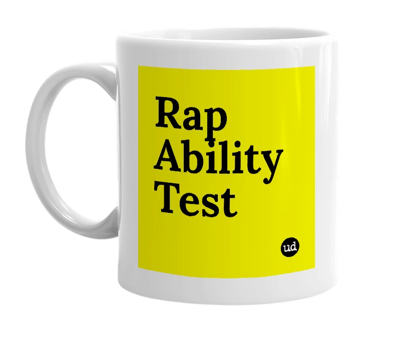 White mug with 'Rap Ability Test' in bold black letters