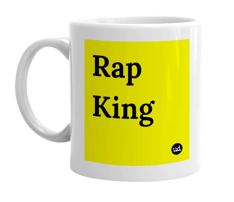White mug with 'Rap King' in bold black letters