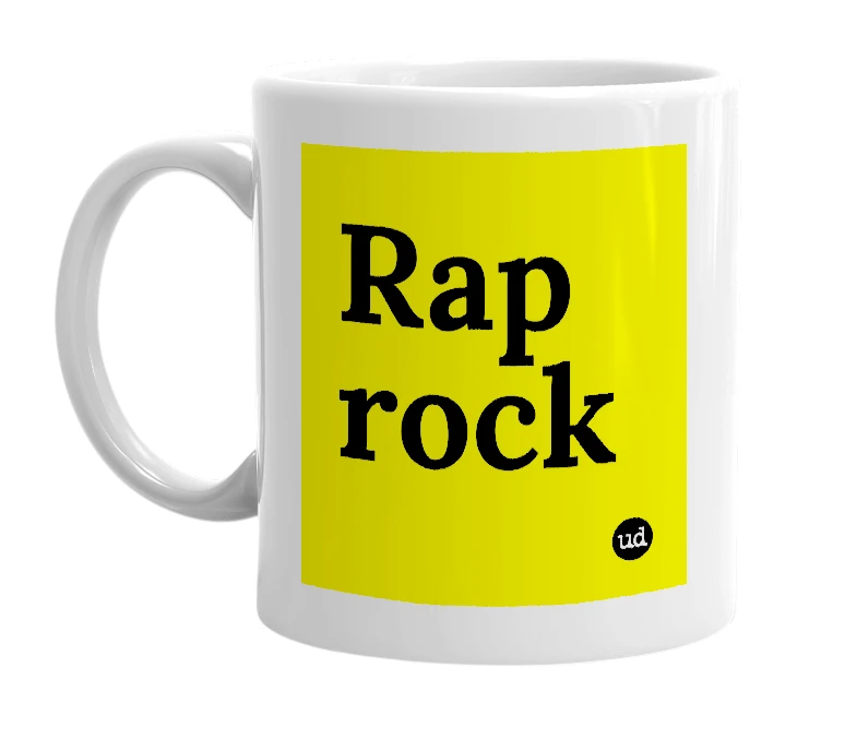 White mug with 'Rap rock' in bold black letters