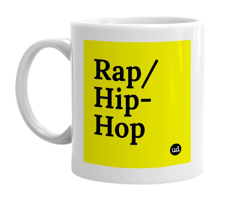 White mug with 'Rap/Hip-Hop' in bold black letters