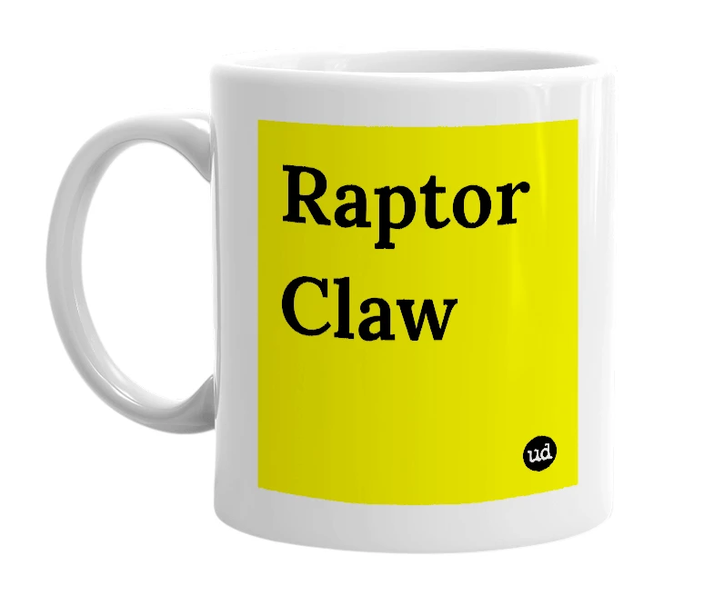 White mug with 'Raptor Claw' in bold black letters
