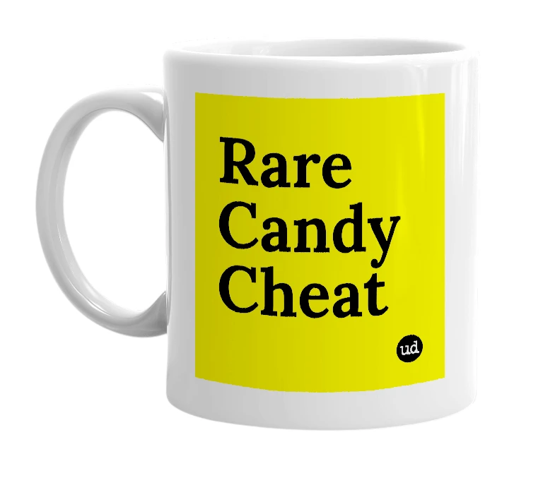 White mug with 'Rare Candy Cheat' in bold black letters