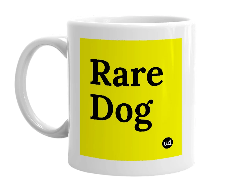 White mug with 'Rare Dog' in bold black letters