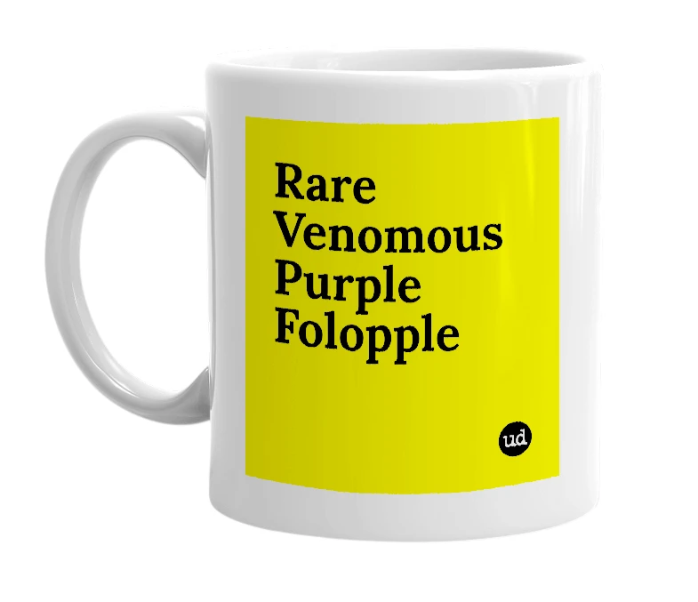 White mug with 'Rare Venomous Purple Folopple' in bold black letters