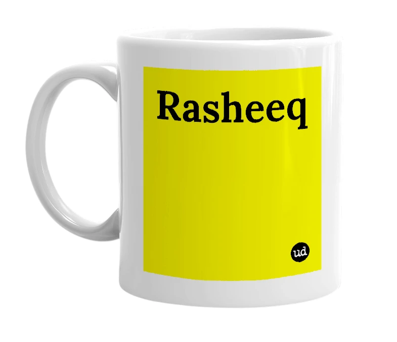 White mug with 'Rasheeq' in bold black letters