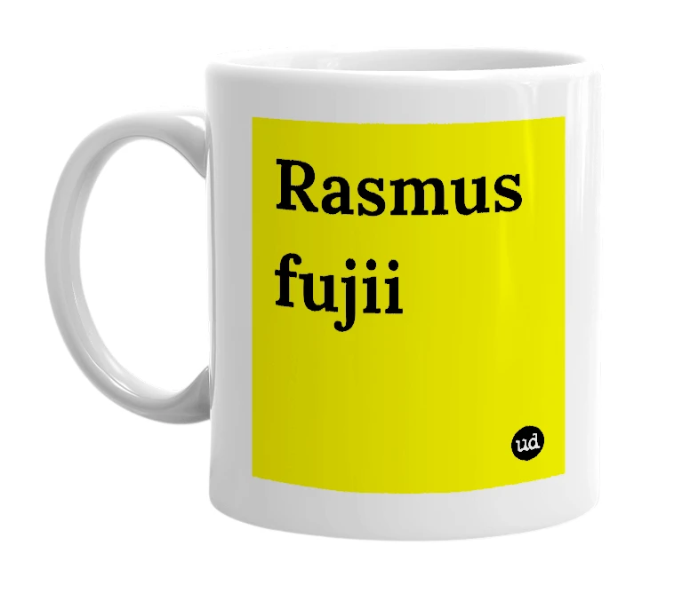 White mug with 'Rasmus fujii' in bold black letters
