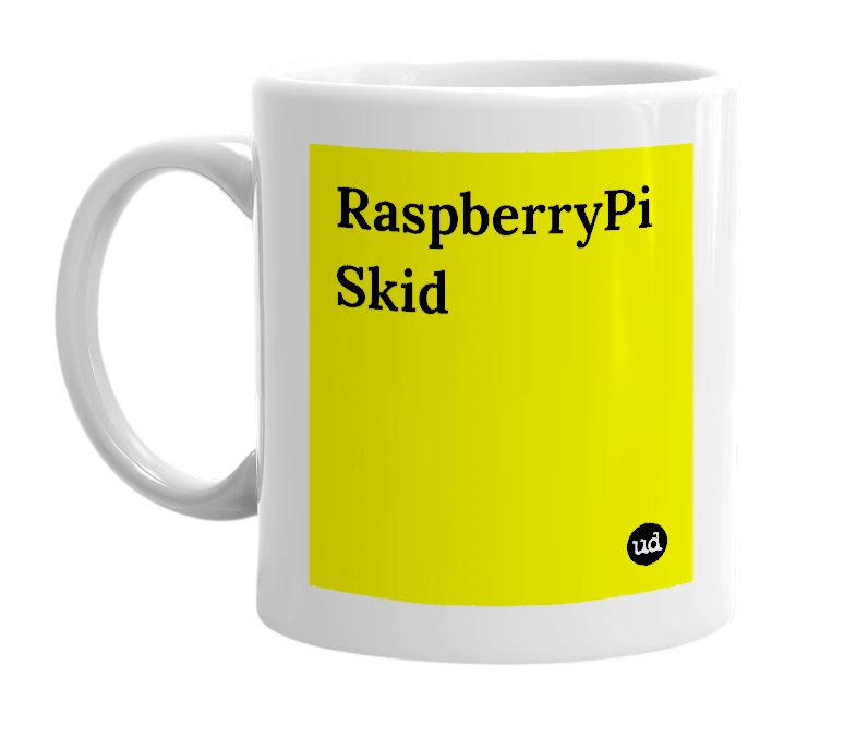White mug with 'RaspberryPi Skid' in bold black letters