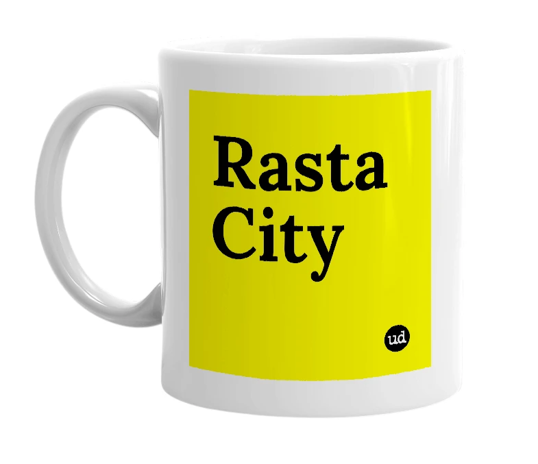 White mug with 'Rasta City' in bold black letters