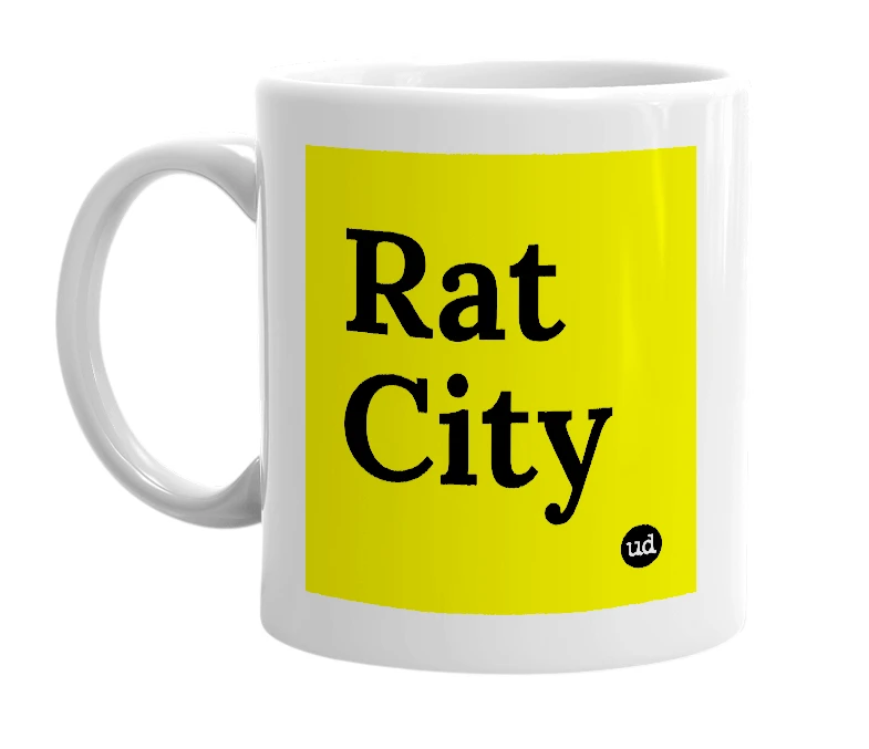 White mug with 'Rat City' in bold black letters