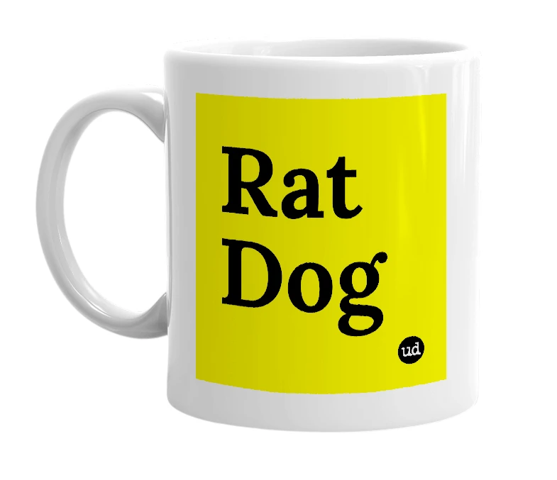 White mug with 'Rat Dog' in bold black letters