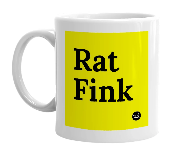 White mug with 'Rat Fink' in bold black letters