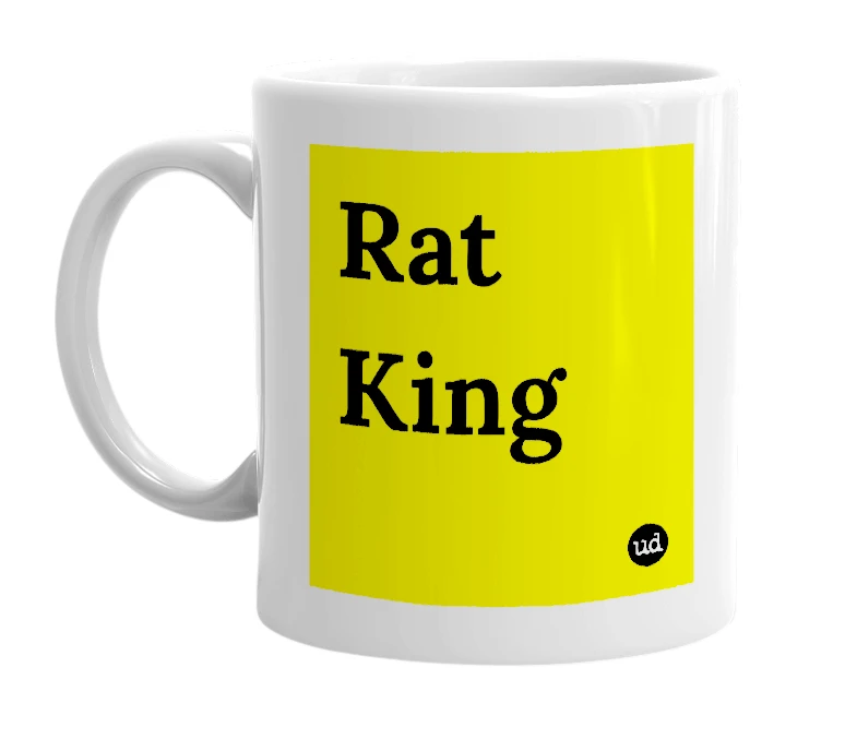 White mug with 'Rat King' in bold black letters
