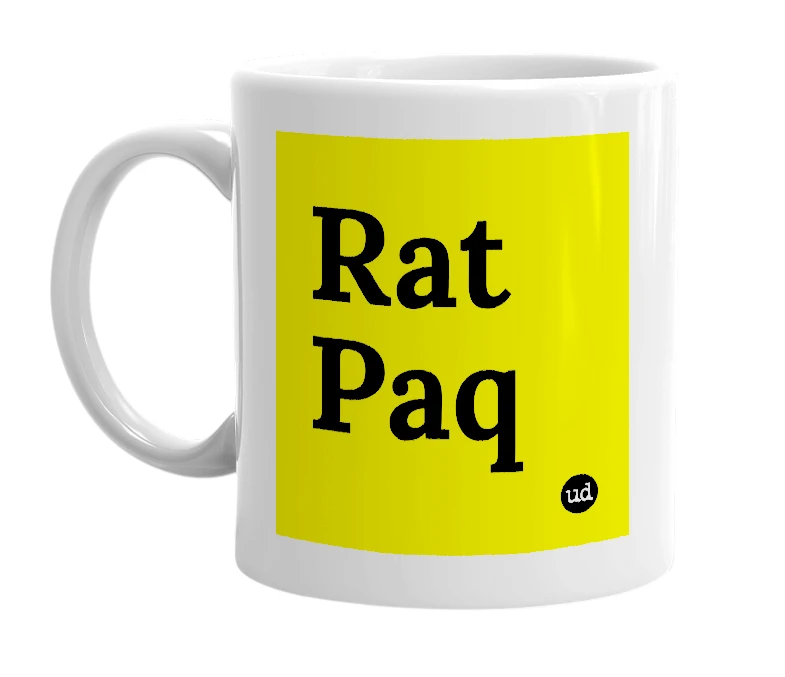 White mug with 'Rat Paq' in bold black letters