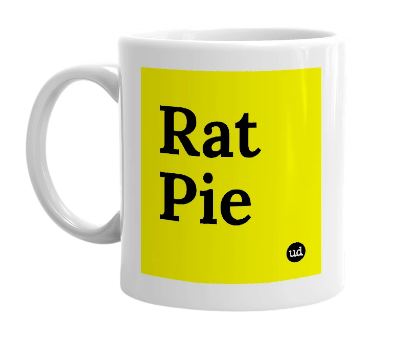 White mug with 'Rat Pie' in bold black letters