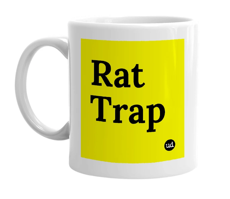 White mug with 'Rat Trap' in bold black letters