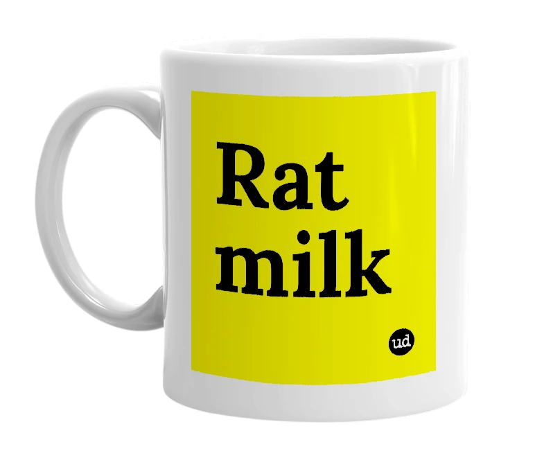 White mug with 'Rat milk' in bold black letters