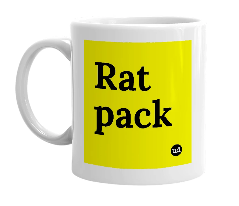 White mug with 'Rat pack' in bold black letters