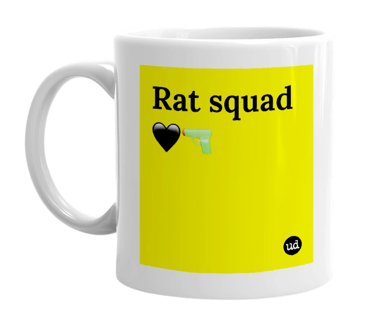 White mug with 'Rat squad 🖤🔫' in bold black letters