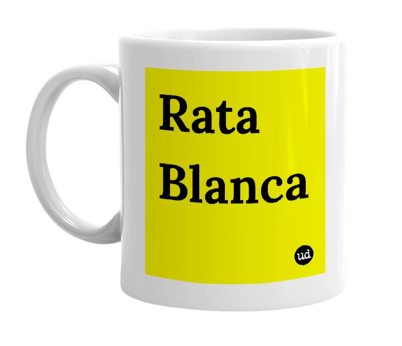 White mug with 'Rata Blanca' in bold black letters