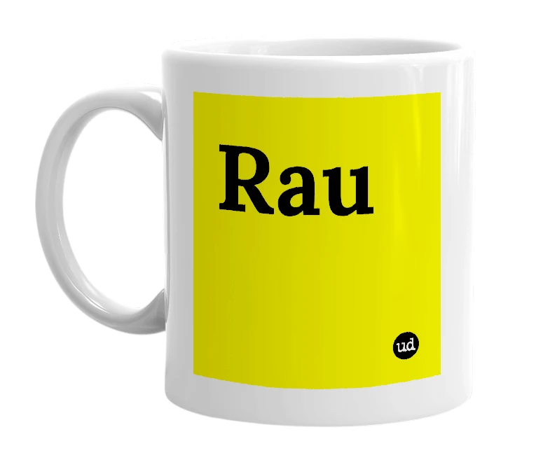 White mug with 'Rau' in bold black letters