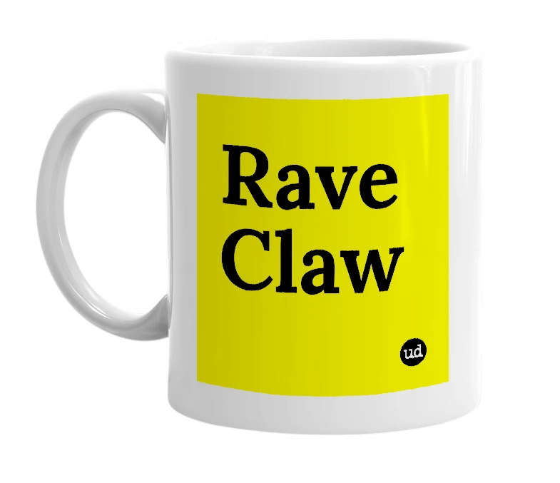 White mug with 'Rave Claw' in bold black letters
