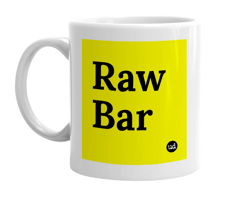 White mug with 'Raw Bar' in bold black letters