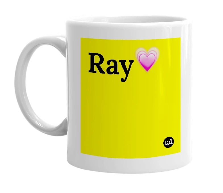 White mug with 'Ray💗' in bold black letters