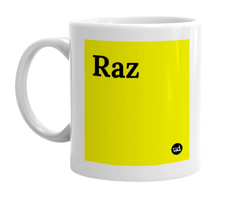 White mug with 'Raz' in bold black letters