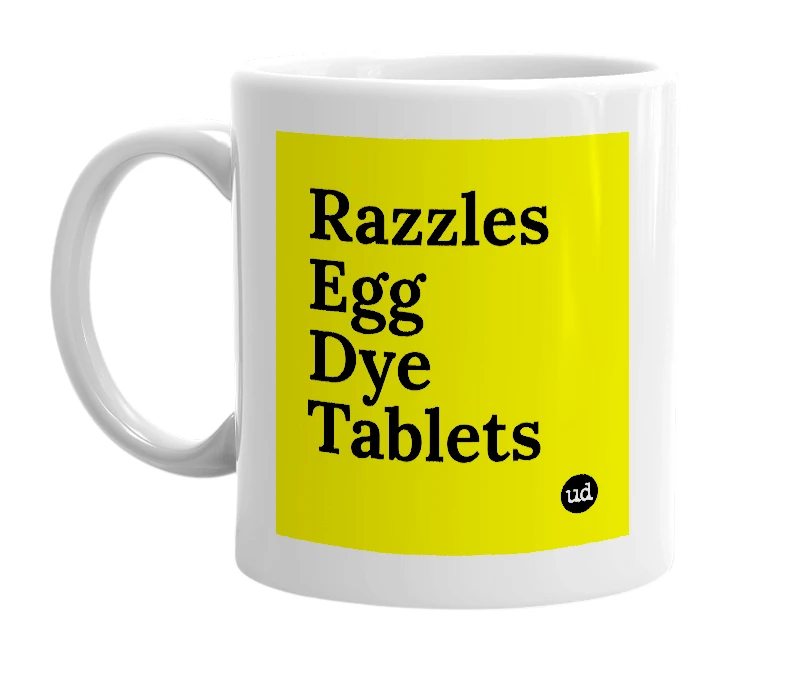 White mug with 'Razzles Egg Dye Tablets' in bold black letters