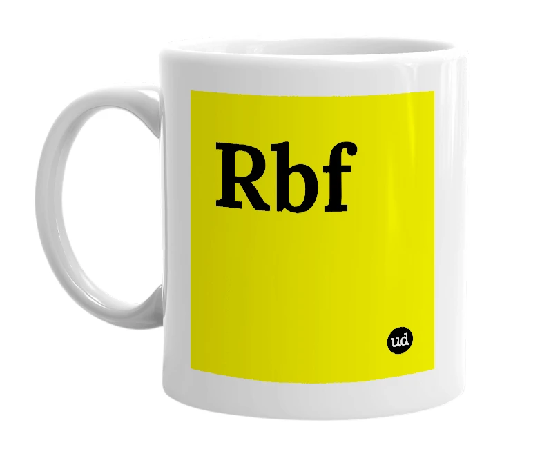 White mug with 'Rbf' in bold black letters