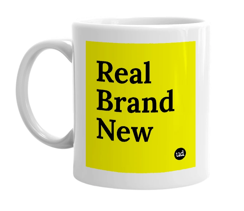 White mug with 'Real Brand New' in bold black letters