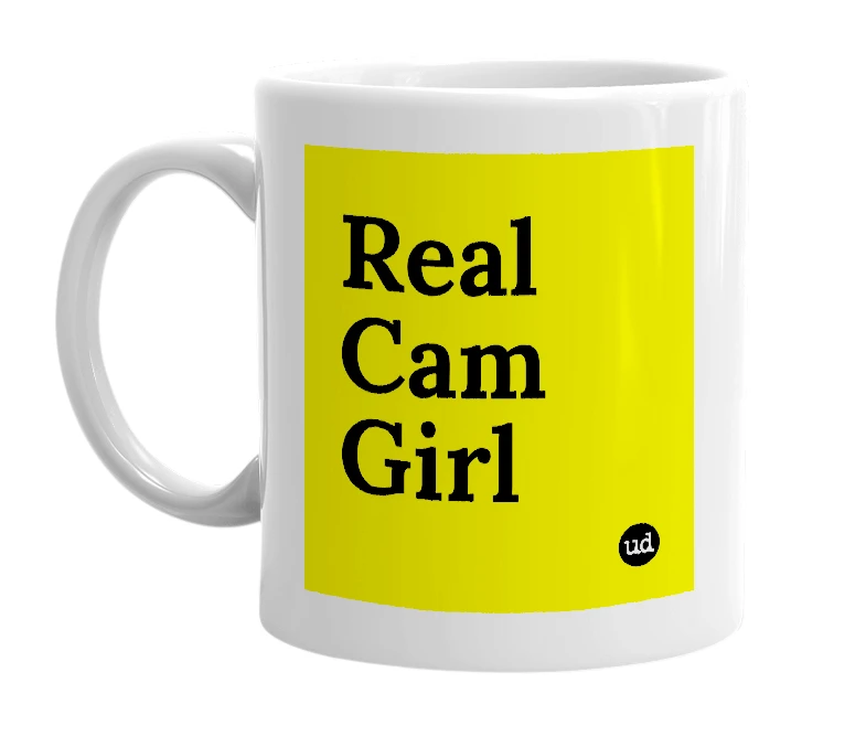 White mug with 'Real Cam Girl' in bold black letters