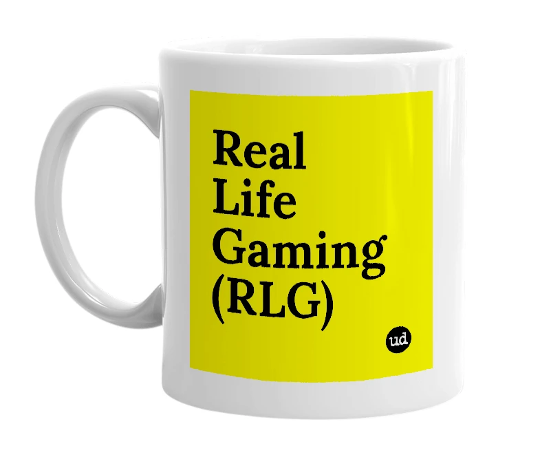 White mug with 'Real Life Gaming (RLG)' in bold black letters