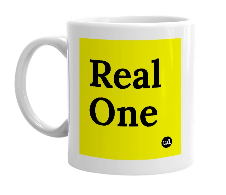 White mug with 'Real One' in bold black letters