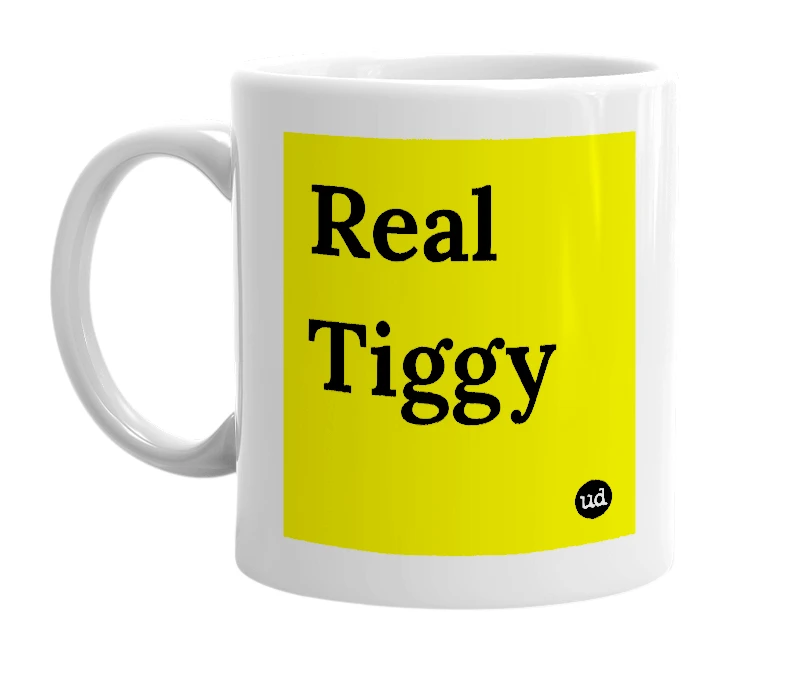 White mug with 'Real Tiggy' in bold black letters