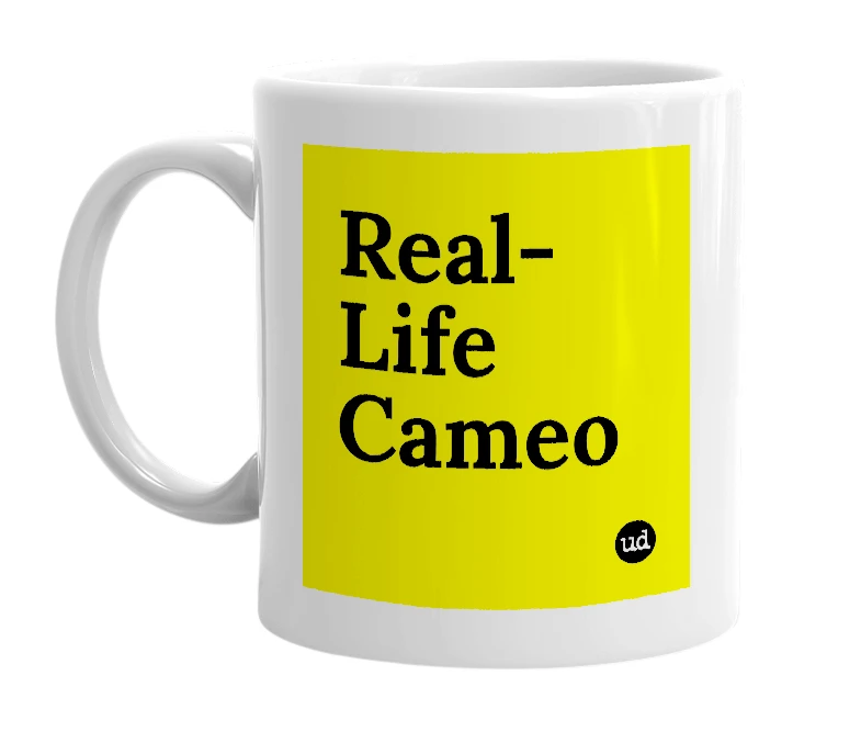 White mug with 'Real-Life Cameo' in bold black letters