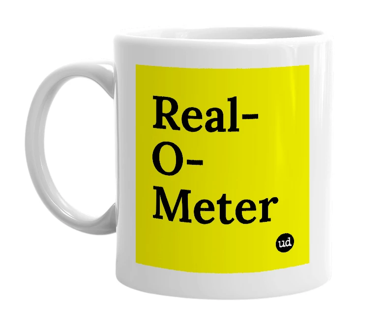 White mug with 'Real-O-Meter' in bold black letters