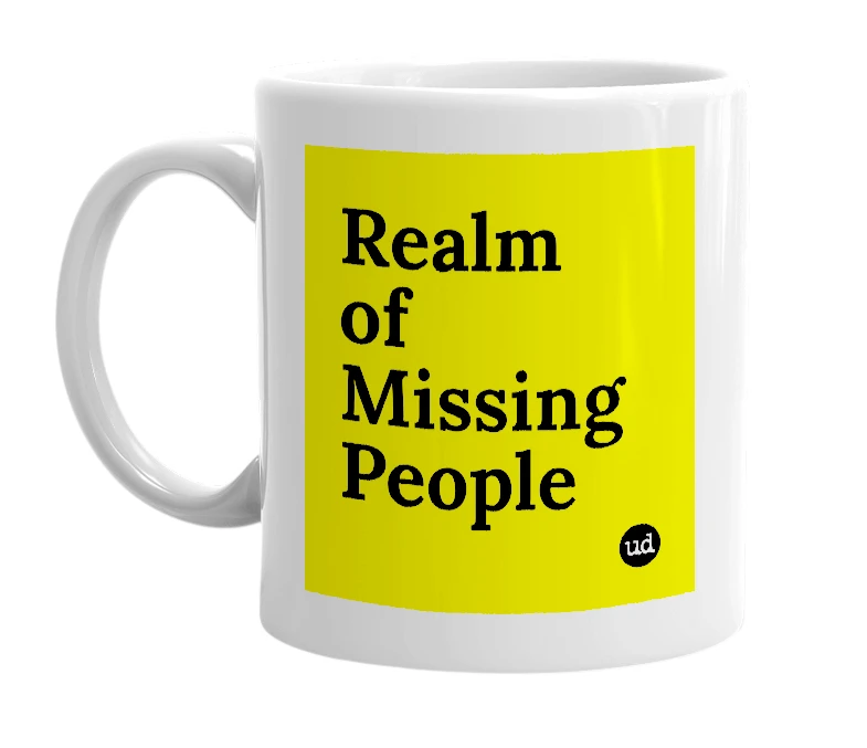 White mug with 'Realm of Missing People' in bold black letters
