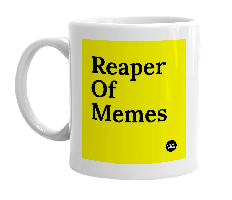 White mug with 'Reaper Of Memes' in bold black letters