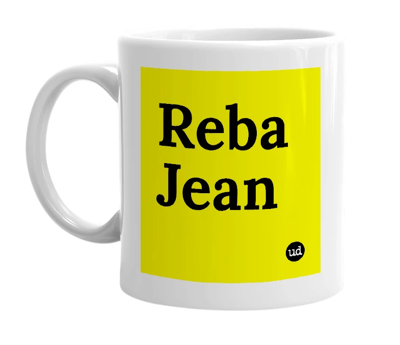 White mug with 'Reba Jean' in bold black letters