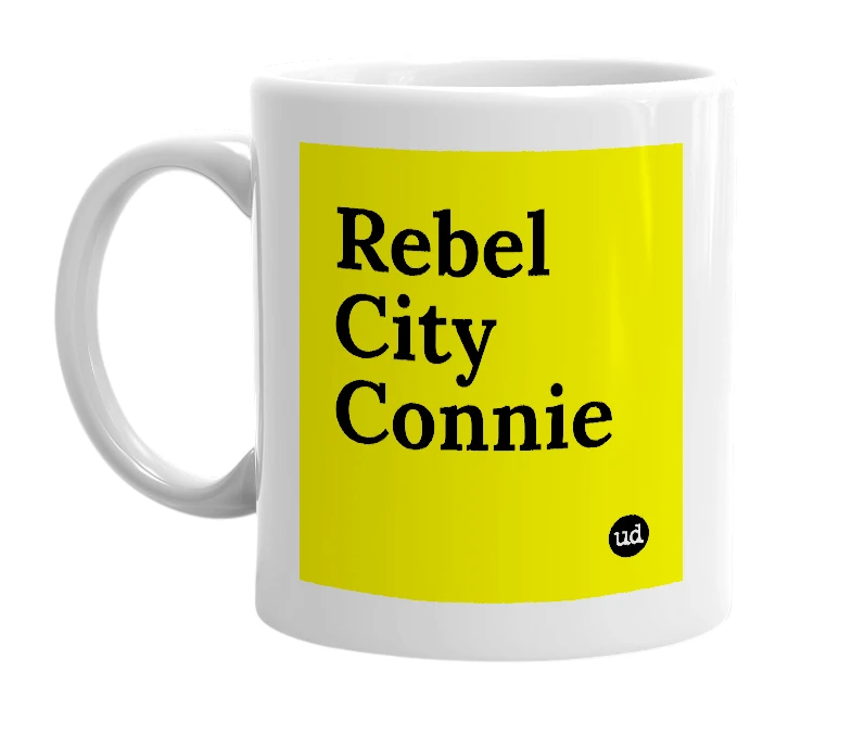 White mug with 'Rebel City Connie' in bold black letters