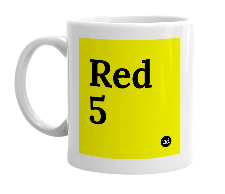 White mug with 'Red 5' in bold black letters