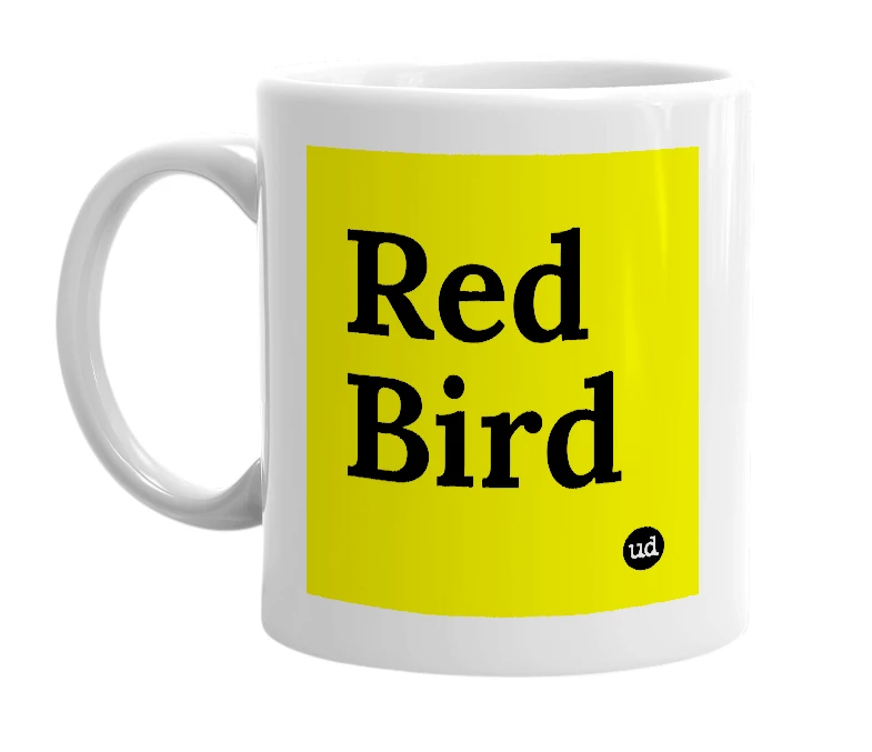 White mug with 'Red Bird' in bold black letters