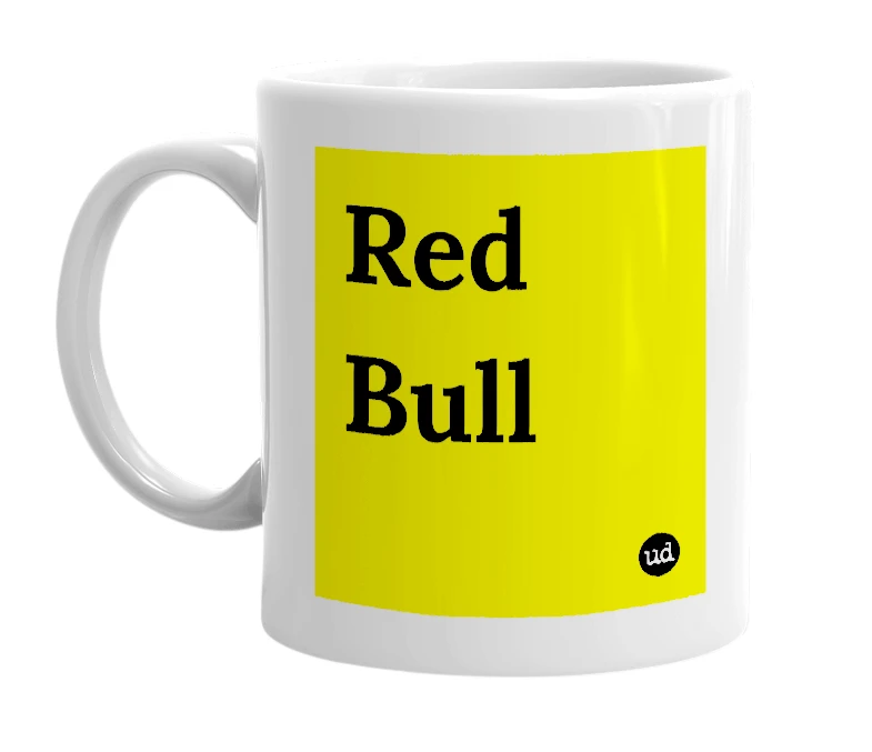White mug with 'Red Bull' in bold black letters