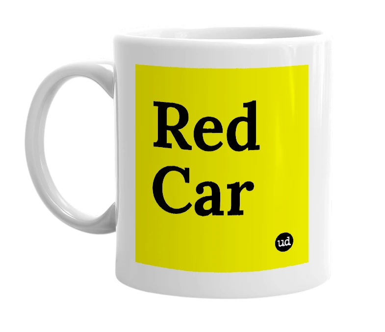 White mug with 'Red Car' in bold black letters