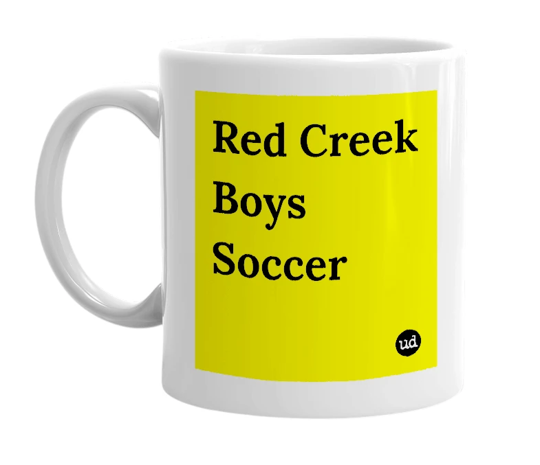 White mug with 'Red Creek Boys Soccer' in bold black letters