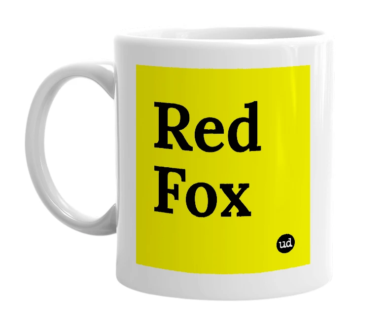 White mug with 'Red Fox' in bold black letters